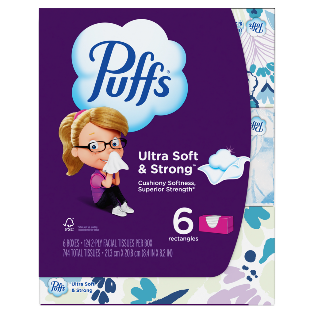 Puffs Ultra Soft Facial Tissues 6 Family Size Boxes 124 Facial Tissues Per Box - 744ct/4pk