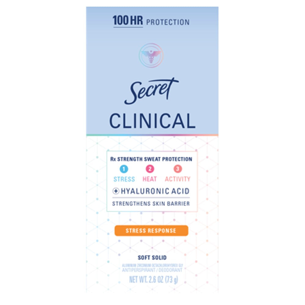 Secret Clinical Antiperspirant Deodorant for Women 100HR Sweat & Odor Protection Hyaluronic Acid Soft Solid Stress Response - 2.6oz/12pk