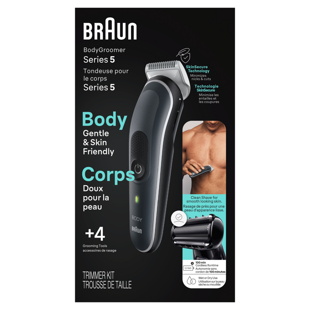 Braun Body Groomer Series 5 5360 Men's Body Groomer For Chest Armpits Groin Manscaping & More Incl. 2 Combs for 1 mm - 11 mm Lengths SkinSecure Technology for Gentle Use and Clean Shave Attachment Waterproof Cordless with 100-min Run Time - 1box/3pk