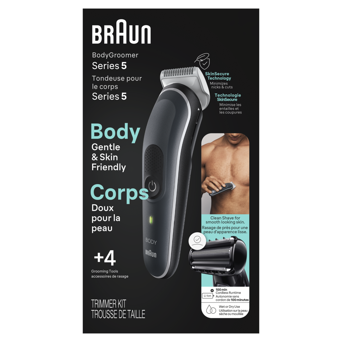 Braun Body Groomer Series 5 5360 Men's Body Groomer For Chest Armpits Groin Manscaping & More Incl. 2 Combs for 1 mm - 11 mm Lengths SkinSecure Technology for Gentle Use and Clean Shave Attachment Waterproof Cordless with 100-min Run Time - 1box/3pk