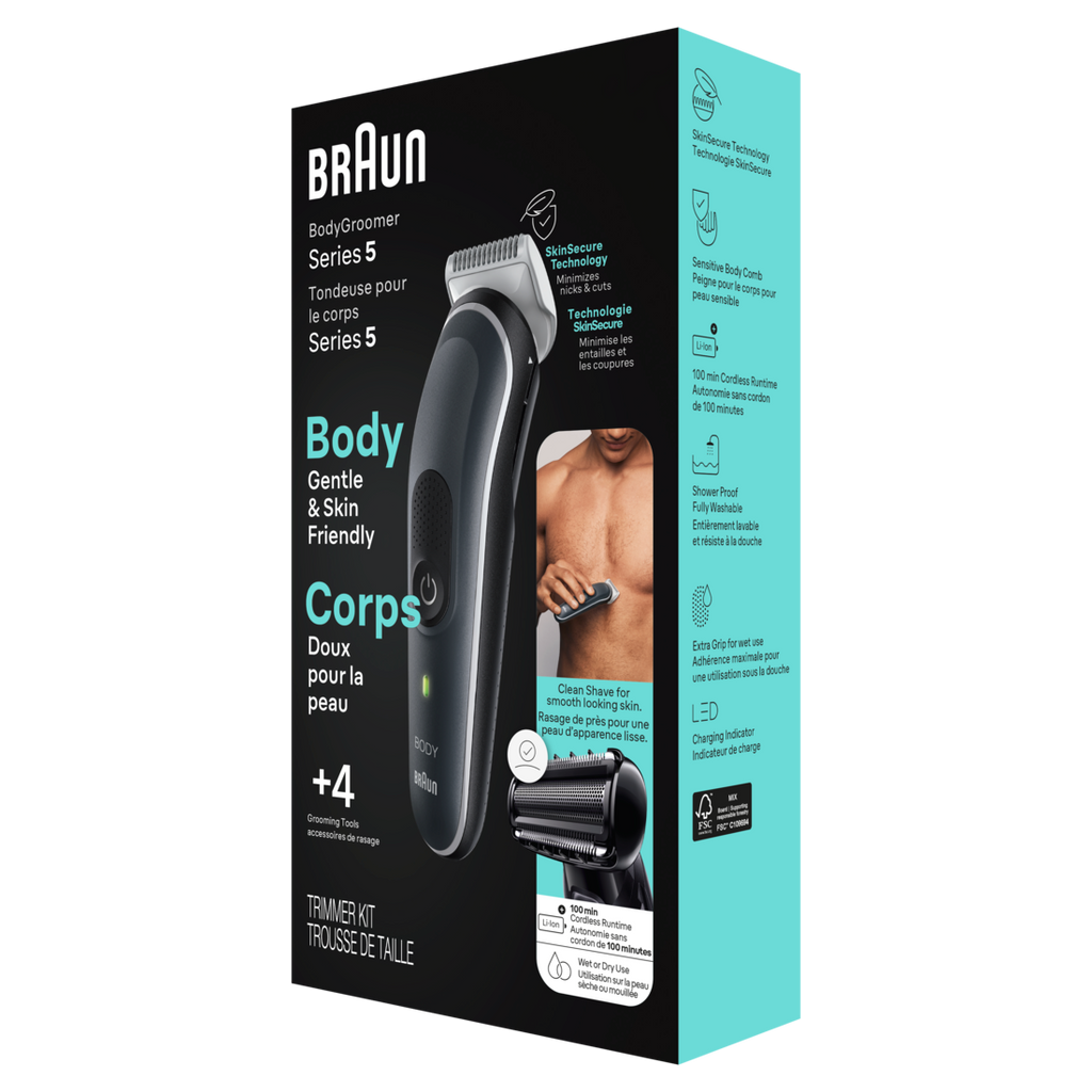 Braun Body Groomer Series 5 5360 Men's Body Groomer For Chest Armpits Groin Manscaping & More Incl. 2 Combs for 1 mm - 11 mm Lengths SkinSecure Technology for Gentle Use and Clean Shave Attachment Waterproof Cordless with 100-min Run Time - 1box/3pk