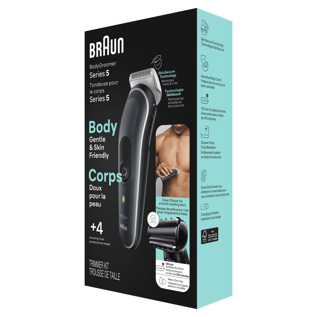 Braun Body Groomer Series 5 5360 Men's Body Groomer For Chest Armpits Groin Manscaping & More Incl. 2 Combs for 1 mm - 11 mm Lengths SkinSecure Technology for Gentle Use and Clean Shave Attachment Waterproof Cordless with 100-min Run Time - 1box/3pk