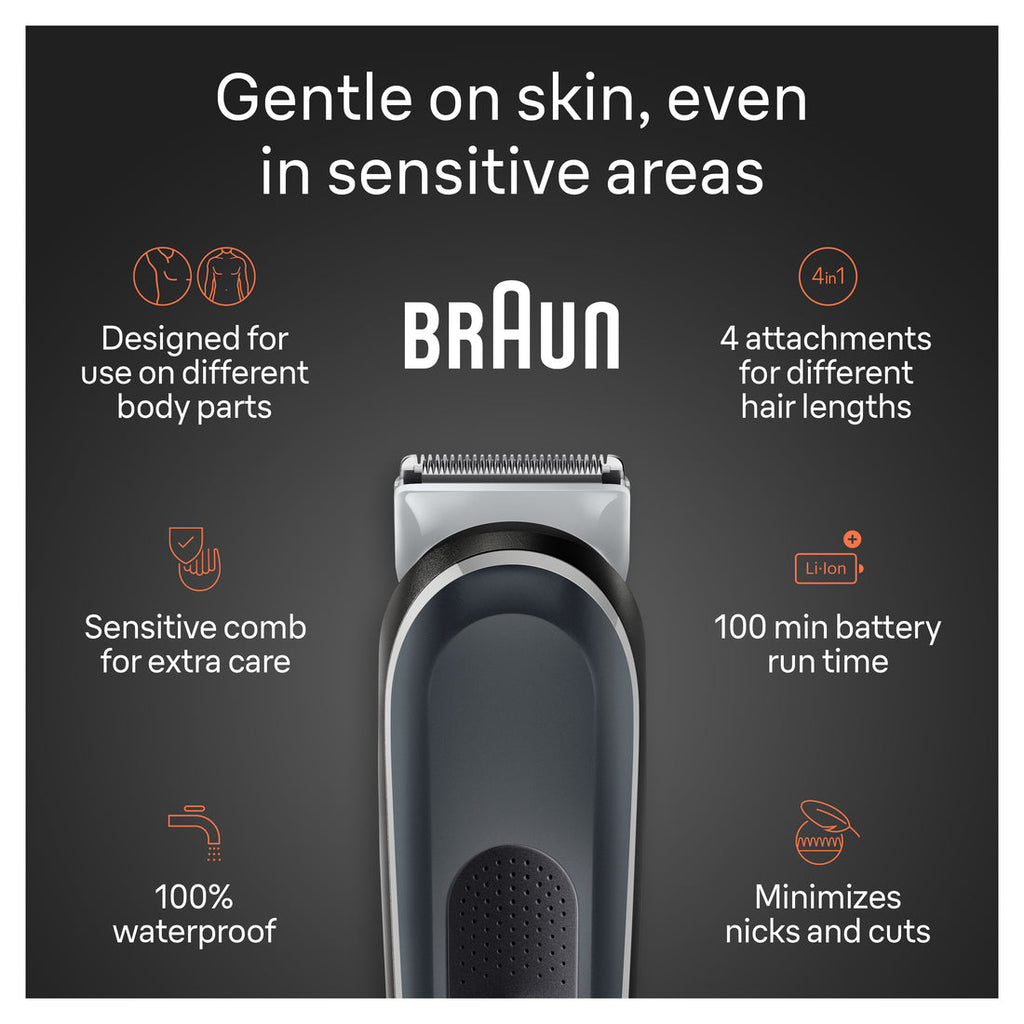 Braun Body Groomer Series 5 5360 Men's Body Groomer For Chest Armpits Groin Manscaping & More Incl. 2 Combs for 1 mm - 11 mm Lengths SkinSecure Technology for Gentle Use and Clean Shave Attachment Waterproof Cordless with 100-min Run Time - 1box/3pk