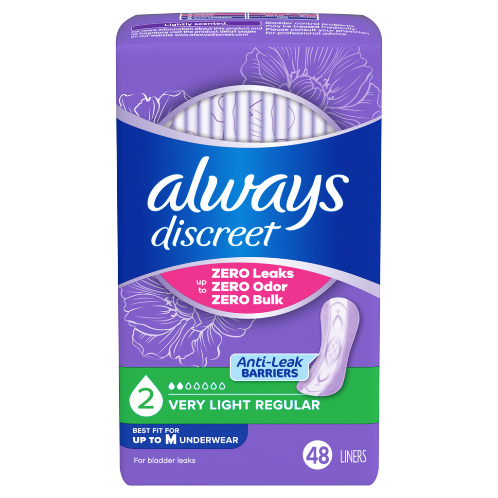 Always Discreet Incontinence Panty Liners for Bladder Leaks Size 2 Very Light Absorbency Regular Length - 48ct/3pk