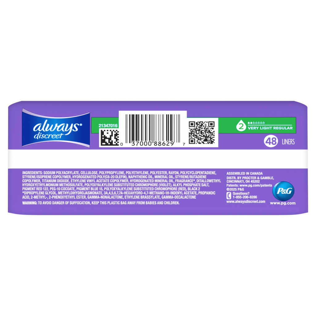 Always Discreet Incontinence Panty Liners for Bladder Leaks Size 2 Very Light Absorbency Regular Length - 48ct/3pk