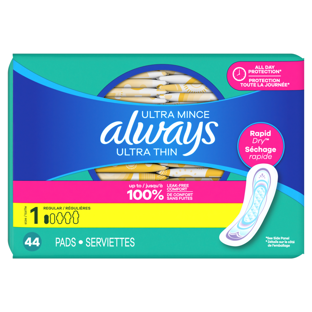 Always Ultra Thin Feminine Pads without Wings for Women Size 1 Regular Absorbency Unscented - 44ct/3pk