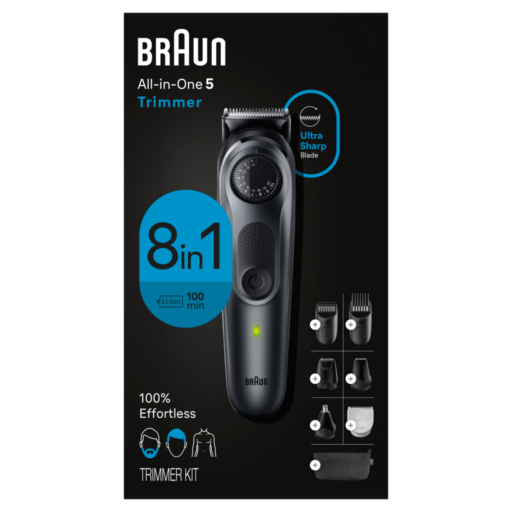 Braun All-In-One Style Kit Series 5 5480 8-in-1 Trimmer for Men with Beard Trimmer Body Trimmer for Manscaping Hair Clippers & More Ultra-Sharp Blade 40 Length Settings Rechargeable 100-minute Battery Cordless Runtime and 100% Waterproof - 1box/3pk