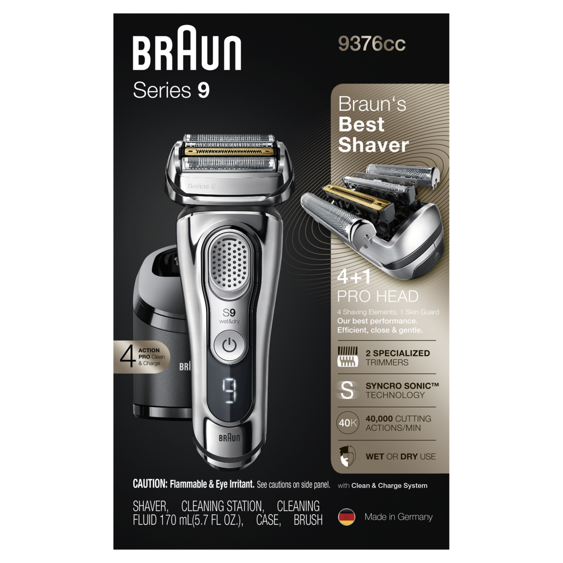 Braun Series 9 9376cc Latest Generation Electric Shaver Rechargeable & Cordless Electric Razor for Men - Clean&Charge Station Fabric Travel Case - 1box/2pk