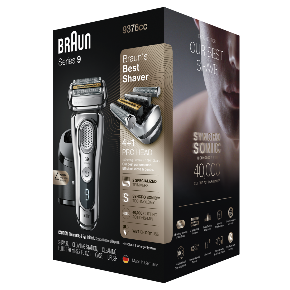 Braun Series 9 9376cc Latest Generation Electric Shaver Rechargeable & Cordless Electric Razor for Men - Clean&Charge Station Fabric Travel Case - 1box/2pk