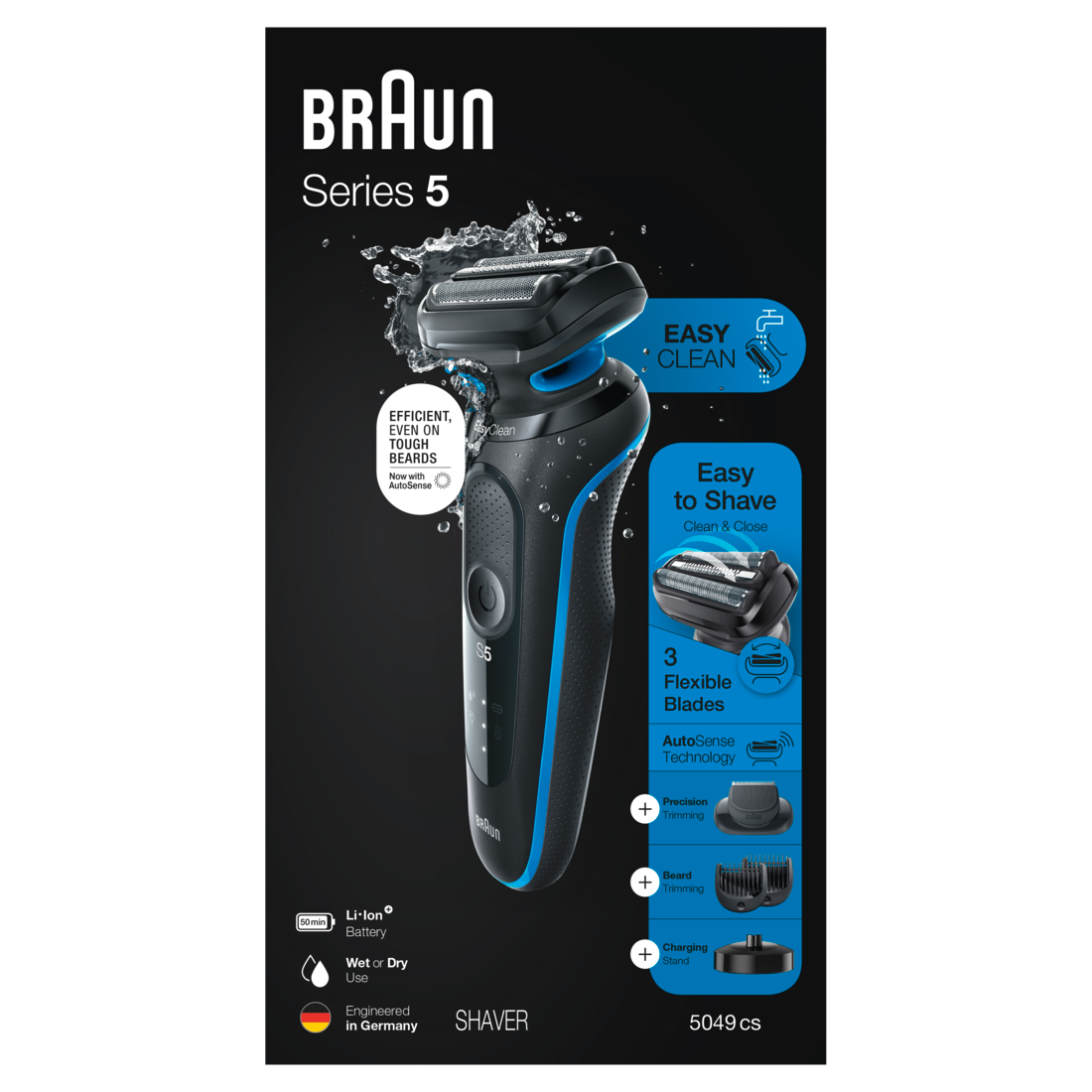 Braun Series 5 5049cs Electric Shaver with Charging Stand Beard Trimmer Wet & Dry Rechargeable Cordless Foil Shaver Blue - 1box/2pk