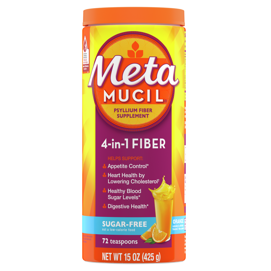 Metamucil 4-in-1 Psyllium Husk Fiber Supplement Sugar-Free 72 teaspoons Orange Flavored Daily Fiber Powder for Digestive Health GLP-1 Friendly Fiber - 15oz/6pk