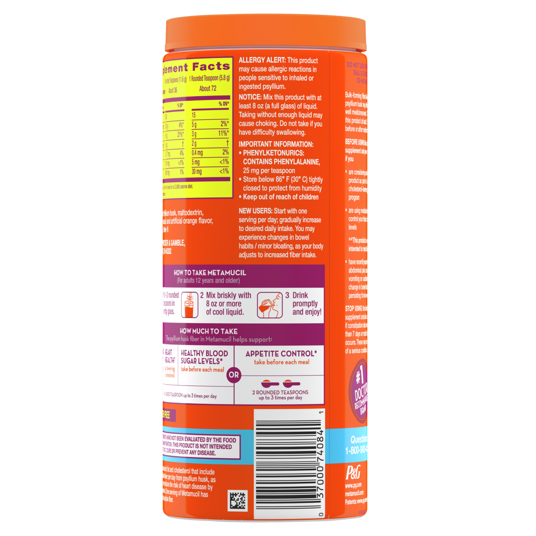 Metamucil 4-in-1 Psyllium Husk Fiber Supplement Sugar-Free 72 teaspoons Orange Flavored Daily Fiber Powder for Digestive Health GLP-1 Friendly Fiber - 15oz/6pk