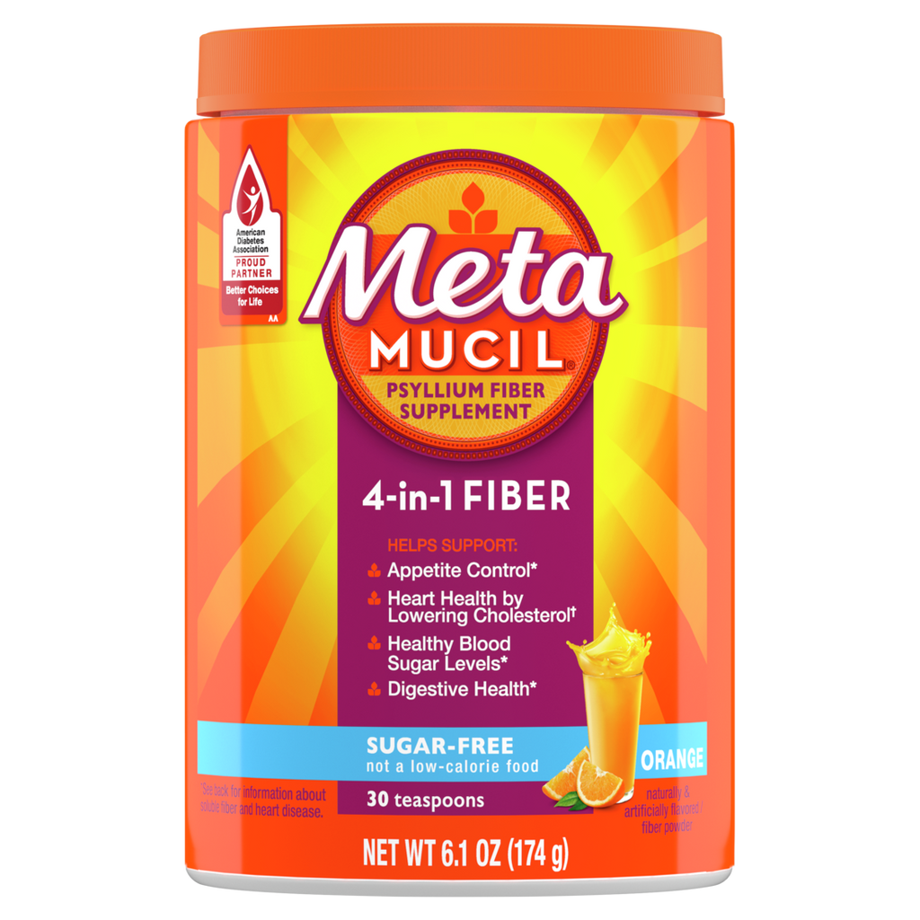 Metamucil 4-in-1 Psyllium Husk Fiber Supplement Sugar-Free 30 teaspoons Orange Flavored Daily Fiber Powder for Digestive Health GLP-1 Friendly Fiber - 6.1oz/6pk