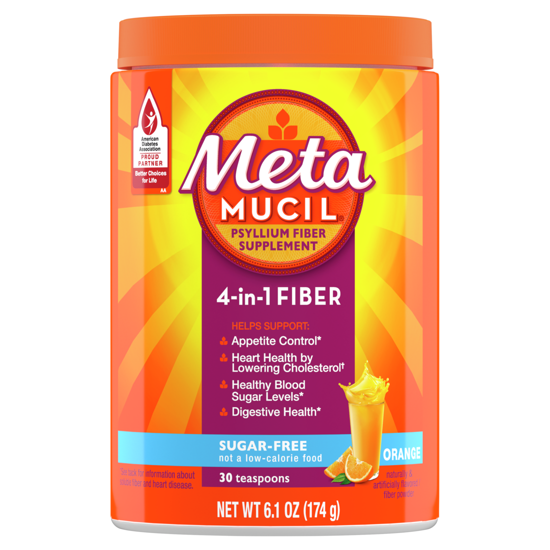 Metamucil 4-in-1 Psyllium Husk Fiber Supplement Sugar-Free 30 teaspoons Orange Flavored Daily Fiber Powder for Digestive Health GLP-1 Friendly Fiber - 6.1oz/6pk