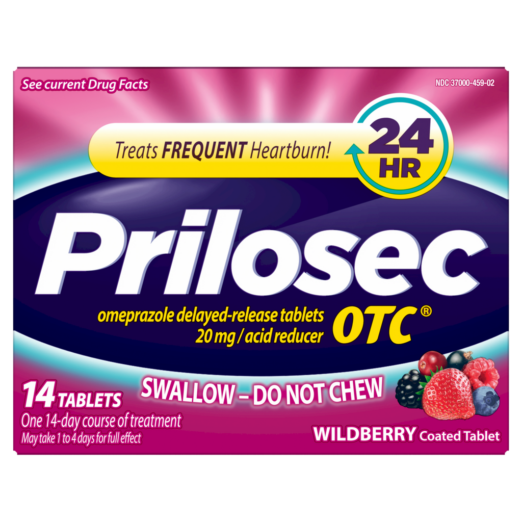 Prilosec OTC Omeprazole 20mg Delayed Release Acid Reducer Treats Frequent Heartburn for 24 Hour Relief All Day All Night Wildberry Flavor Tablets - 14ct/24pk