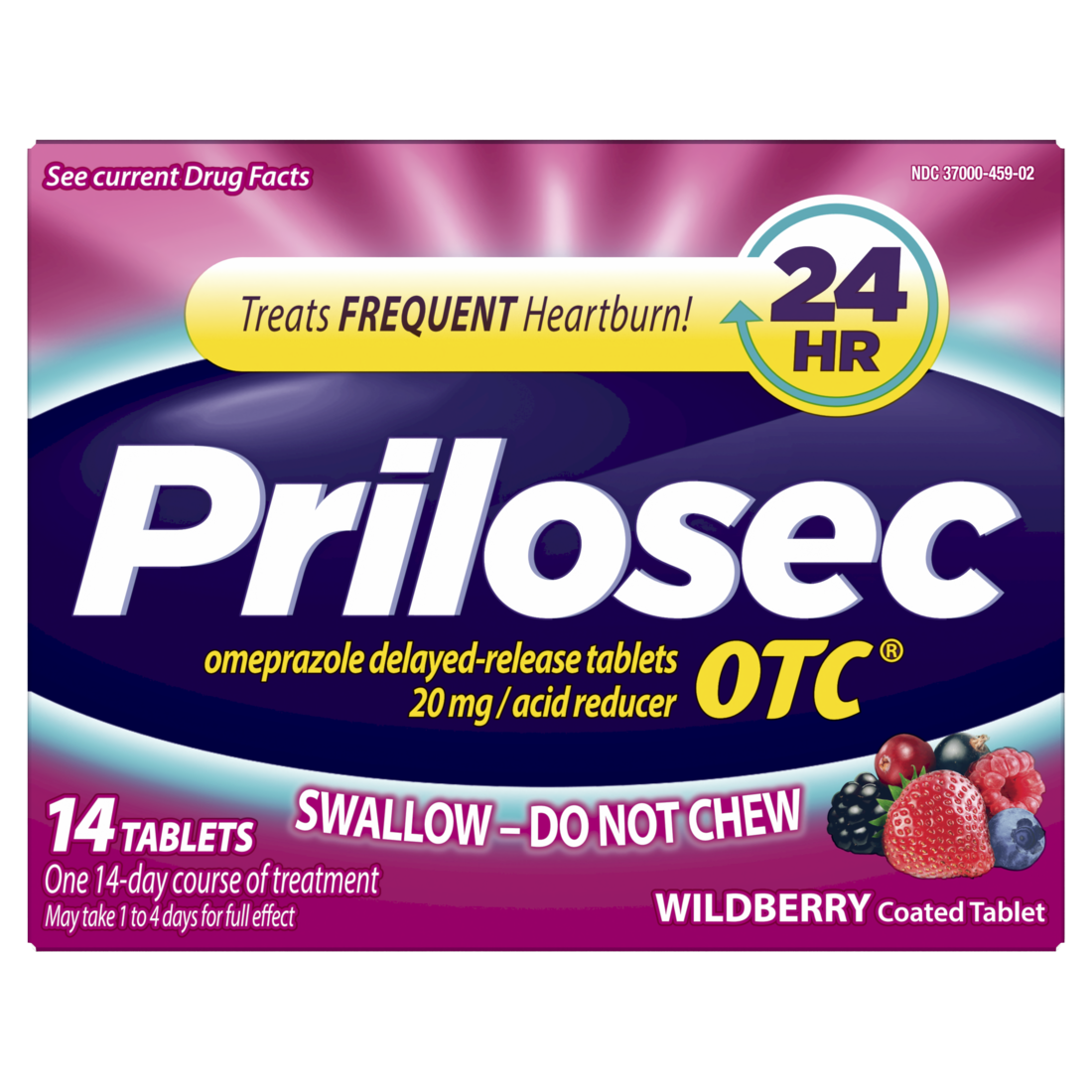 Prilosec OTC Omeprazole 20mg Delayed Release Acid Reducer Treats Frequent Heartburn for 24 Hour Relief All Day All Night Wildberry Flavor Tablets - 14ct/24pk