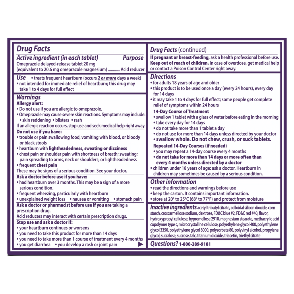 Prilosec OTC Omeprazole 20mg Delayed Release Acid Reducer Treats Frequent Heartburn for 24 Hour Relief All Day All Night Wildberry Flavor Tablets - 14ct/24pk