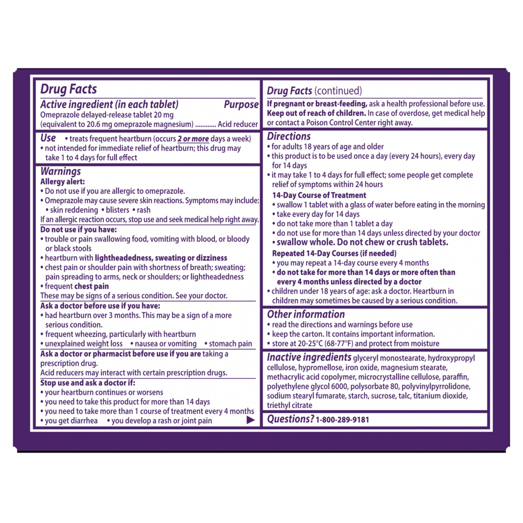 Prilosec OTC Omeprazole 20mg Delayed Release Acid Reducer Treats Frequent Heartburn for 24 Hour Relief All Day All Night Heartburn Tablets - 28ct/24pk
