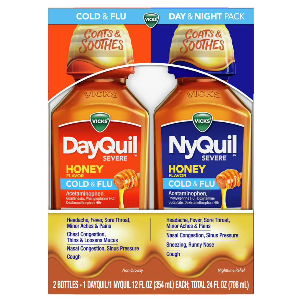 VICKS DayQuil & NyQuil SEVERE Honey Flavor Co-Pack Cold & Flu Medicine Relieves Headache Fever Sore Throat Minor Aches & Pains Nasal Congestion Sinus Pressure Stuffy Nose and Cough - (2x12)oz/6pk