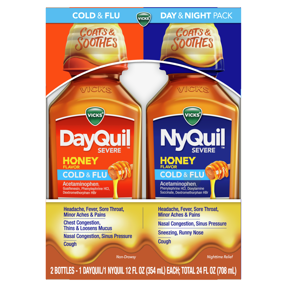 VICKS DayQuil & NyQuil SEVERE Honey Flavor Co-Pack Cold & Flu Medicine Relieves Headache Fever Sore Throat Minor Aches & Pains Nasal Congestion Sinus Pressure Stuffy Nose and Cough - (2x12)oz/6pk