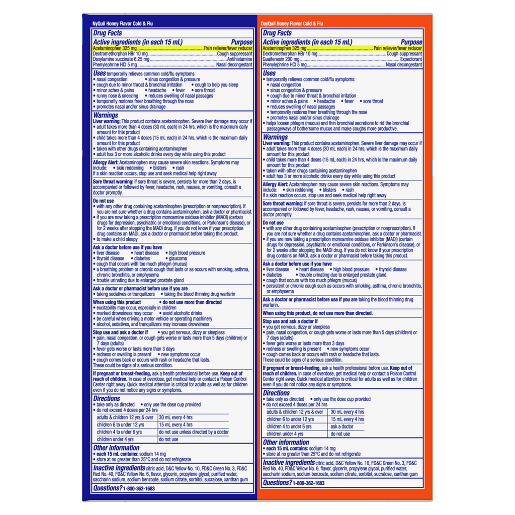 VICKS DayQuil & NyQuil SEVERE Honey Flavor Co-Pack Cold & Flu Medicine Relieves Headache Fever Sore Throat Minor Aches & Pains Nasal Congestion Sinus Pressure Stuffy Nose and Cough - (2x12)oz/6pk