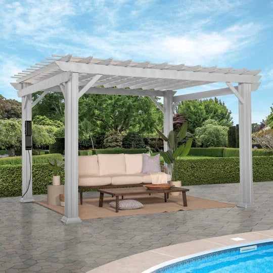 12x10 hawthorne traditional steel pergola with sail shade soft canopy