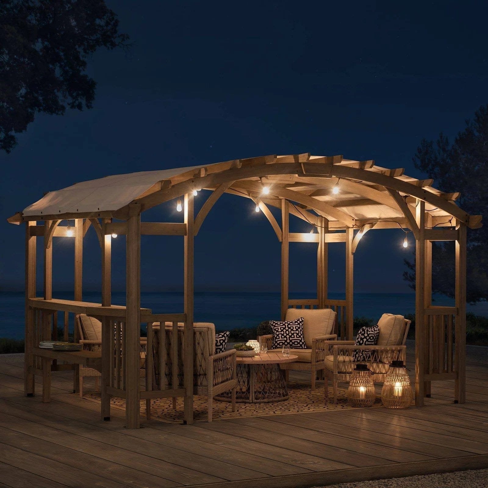 SummerCove 10 ft. x 14 ft. Light Gray Cedar Frame Arched Pergola with Shelves image 1
