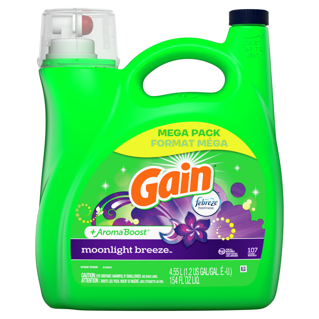 Gain Liquid Laundry Detergent Moonlight Breeze Scent 107 Loads Freshness + Odor Fighting Laundry Detergent Liquid Soap He Compatible - 154oz/4pk