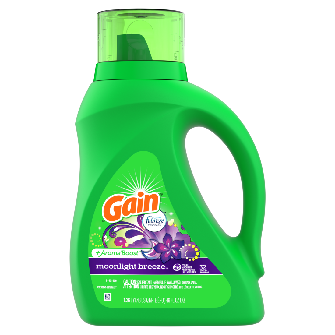 Gain Liquid Laundry Detergent Moonlight Breeze Scent 32 Loads Freshness + Odor Fighting Laundry Detergent Liquid Soap He Compatible - 46oz/6pk
