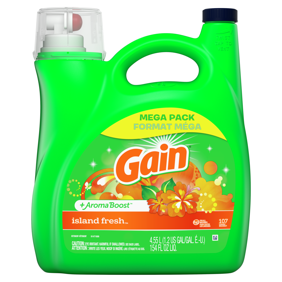 Gain Liquid Laundry Detergent Island Fresh Scent 107 Loads Freshness + Odor Fighting High Efficiency Washing Machine Iquid Cleaning Soap - 154oz/4pk