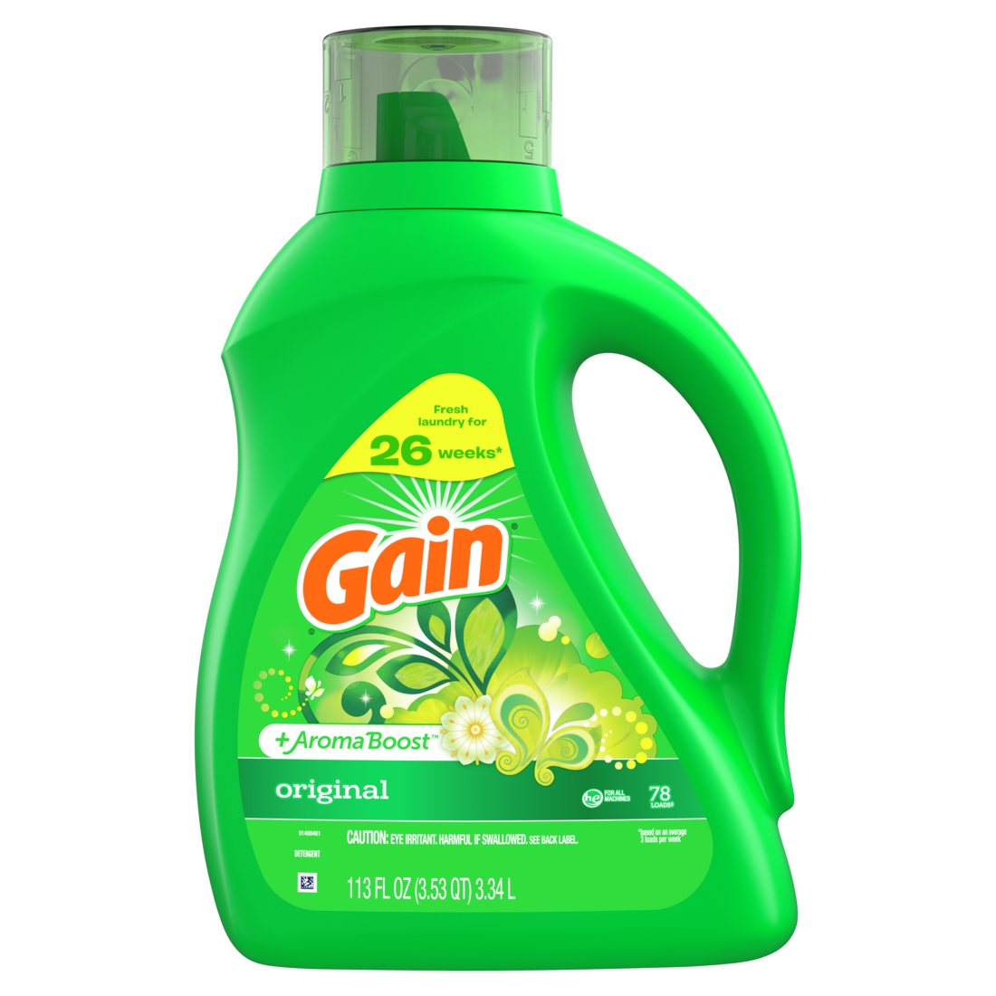 Gain Liquid Laundry Detergent Original Scent 78 Loads Freshness + Odor Fighting High Efficiency Washing Machine Iquid Cleaning Soap - 113oz/4pk