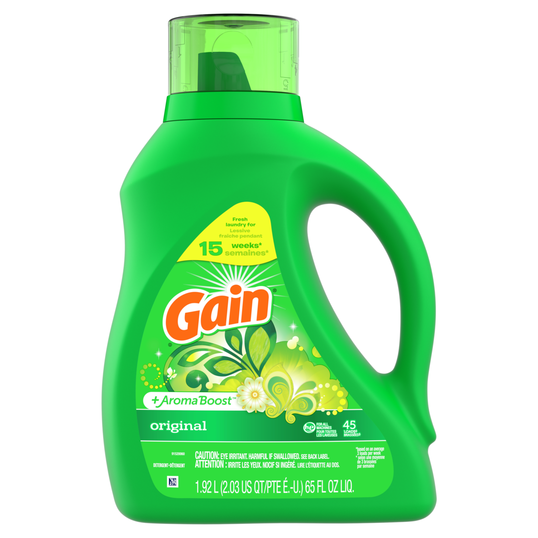 Gain Liquid Laundry Detergent Original Scent 45 Loads Freshness + Odor Fighting High Efficiency Washing Machine Iquid Cleaning Soap - 65oz/4pk