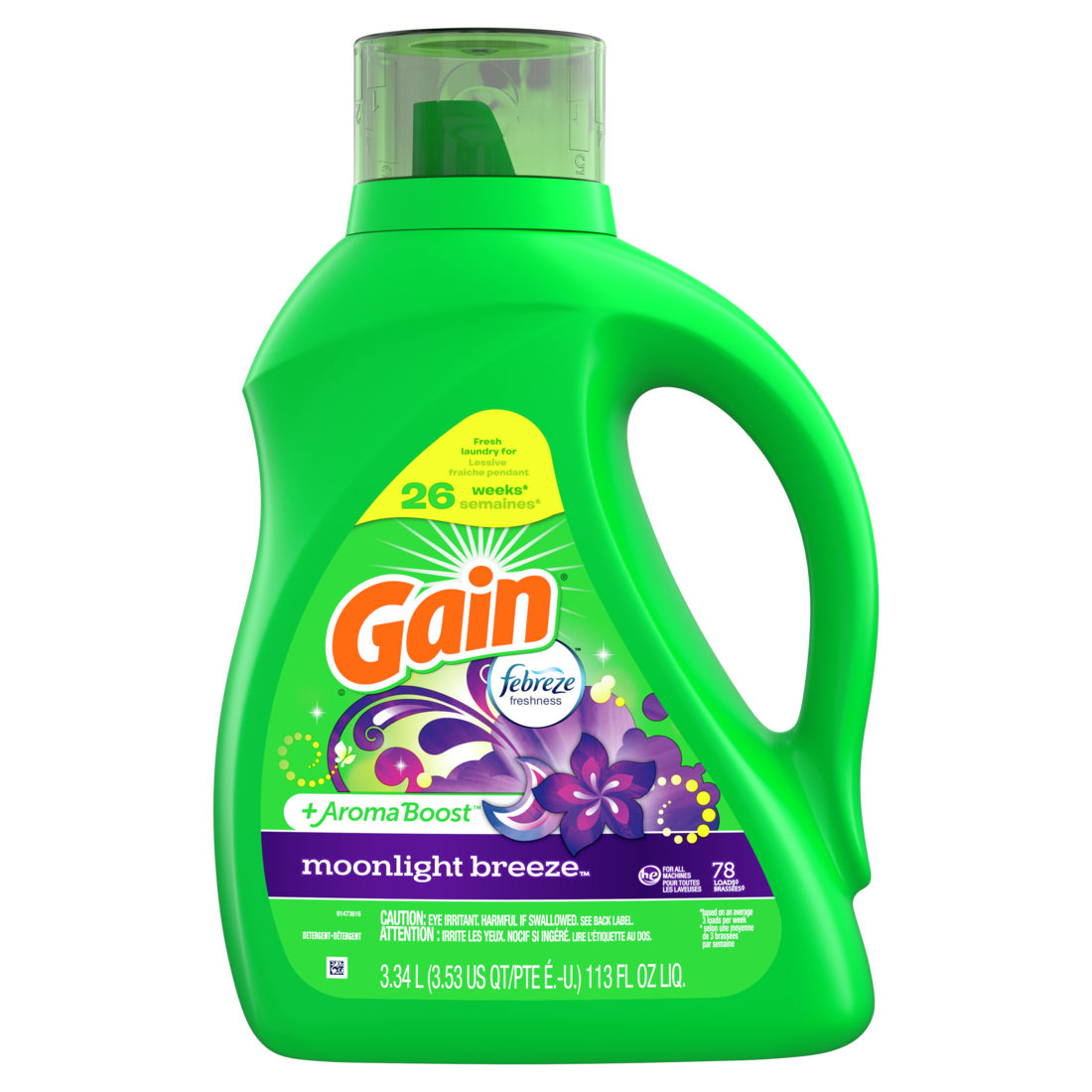 Gain Liquid Laundry Detergent Moonlight Breeze Scent 78 Loads Freshness + Odor Fighting Laundry Detergent Liquid Soap He Compatible - 113oz/4pk