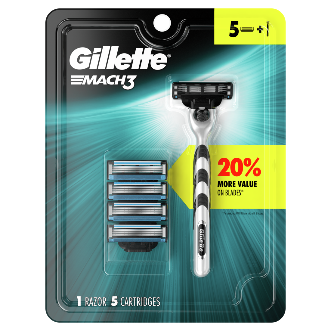 Gillette Mach3 Men's Razor Handle + 5 Blade Refills/24pk