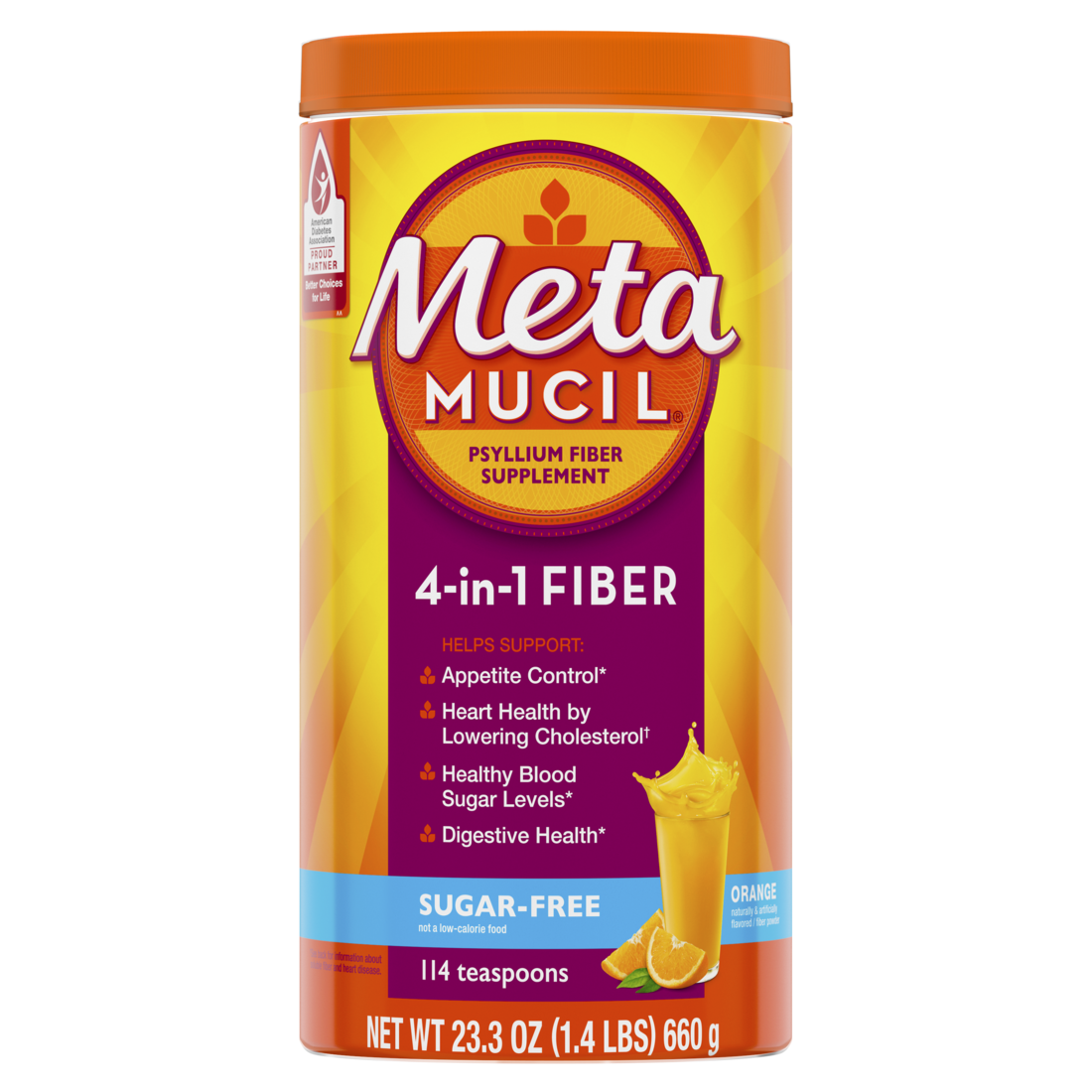 Metamucil Daily Psyllium Husk Powder Sugar-Free 4-in-1 Fiber for Digestive Health Orange Flavor - 23.3oz/4pk