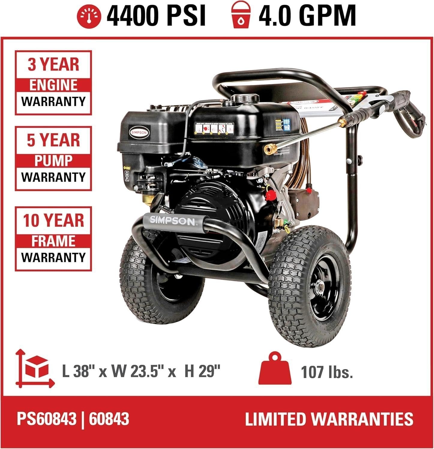 Simpson PowerShot PS60843 – 4400 PSI 4.0 GPM Commercial Gas Pressure Washer with 50 ft Hose | Cold Water, 49-State Compliant image 4