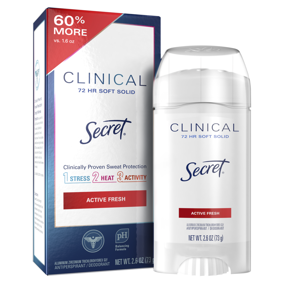 Secret Clinical Antiperspirant Deodorant For Women 100HR Sweat & Odor Protection Hyaluronic Acid Soft Solid Active Fresh - 2.6oz/12pk