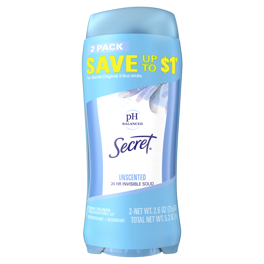 Secret Invisible Solid Antiperspirant and Deodorant For Women Unscented Twin Pack - 2.6oz/6pk