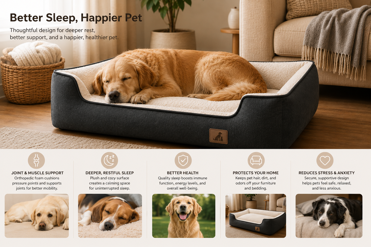 Orthopedic Memory Foam Dog Bed, Removable Cover, Non-Slip Base