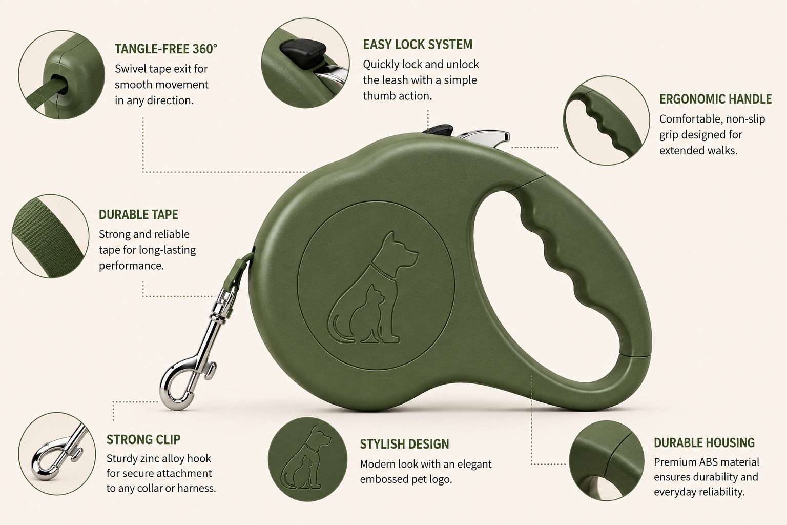 Retractable Dog Leash, Heavy-Duty Extendable Lead with Brake & Lock