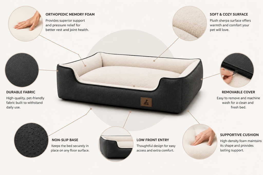 Orthopedic Memory Foam Dog Bed, Removable Cover, Non-Slip Base