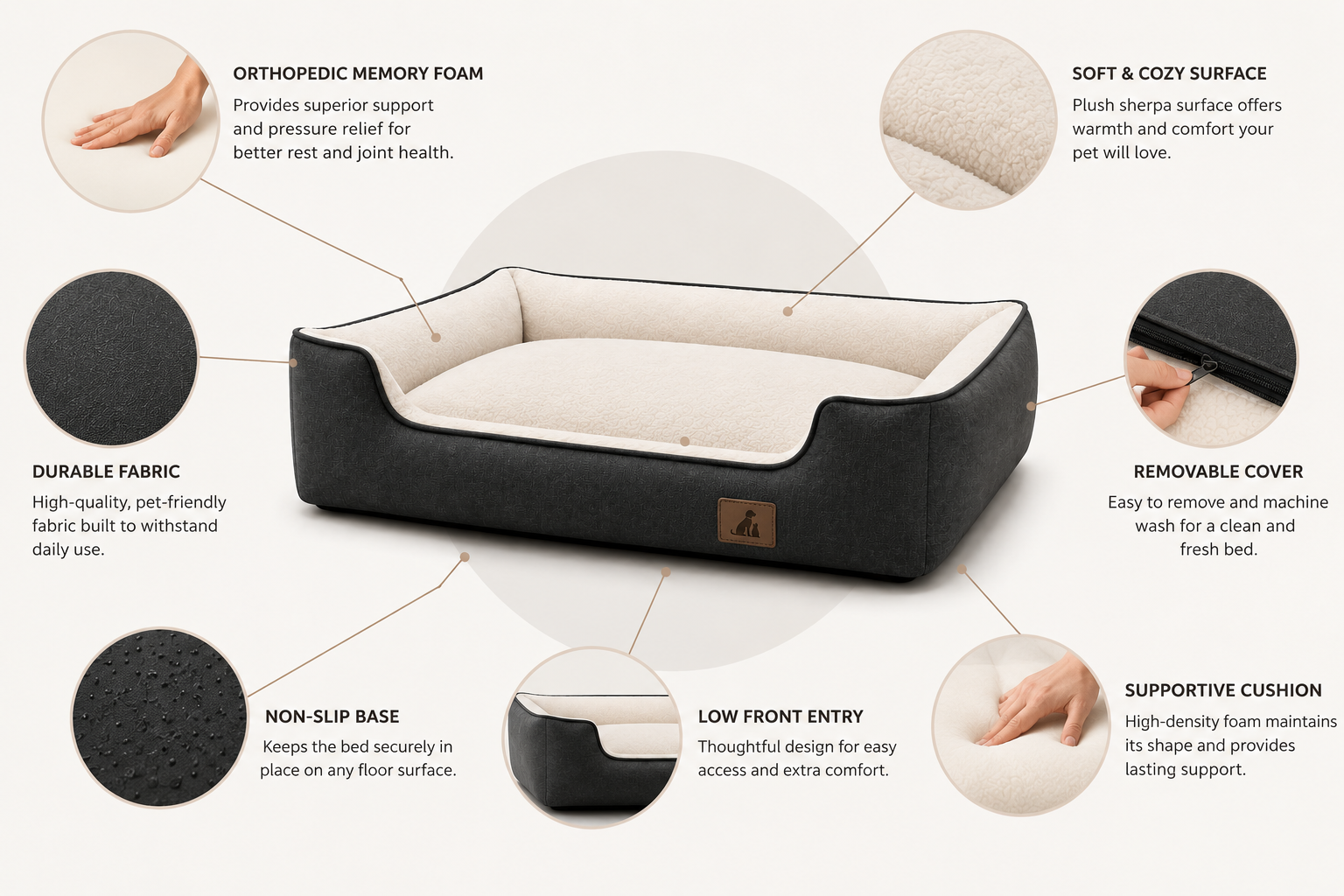 Orthopedic Memory Foam Dog Bed, Removable Cover, Non-Slip Base
