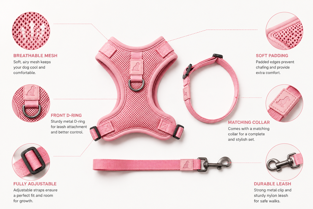 Breathable Dog Vest Harness Set, Adjustable Soft Mesh Harness with Leash & Collar