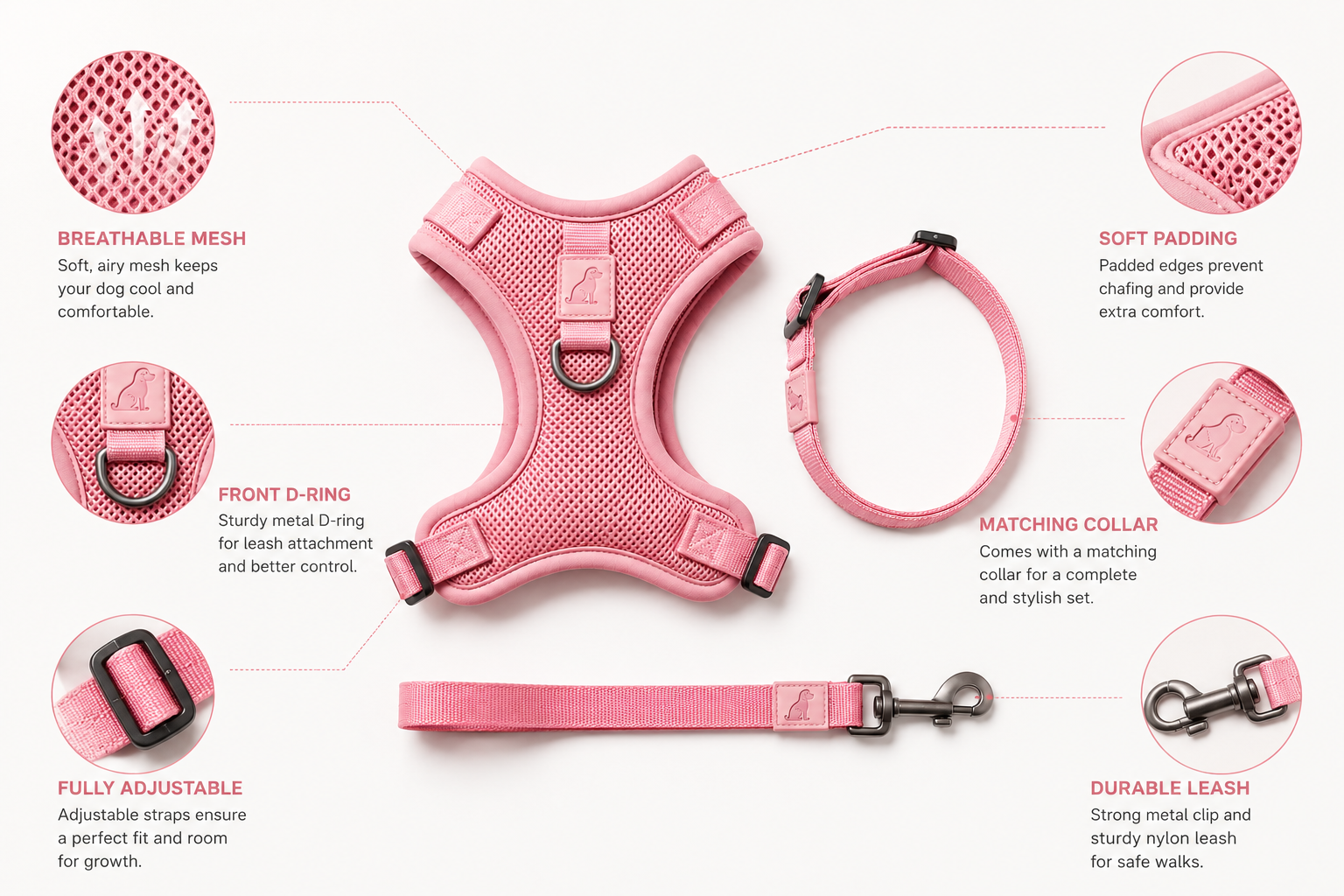 Breathable Dog Vest Harness Set, Adjustable Soft Mesh Harness with Leash & Collar