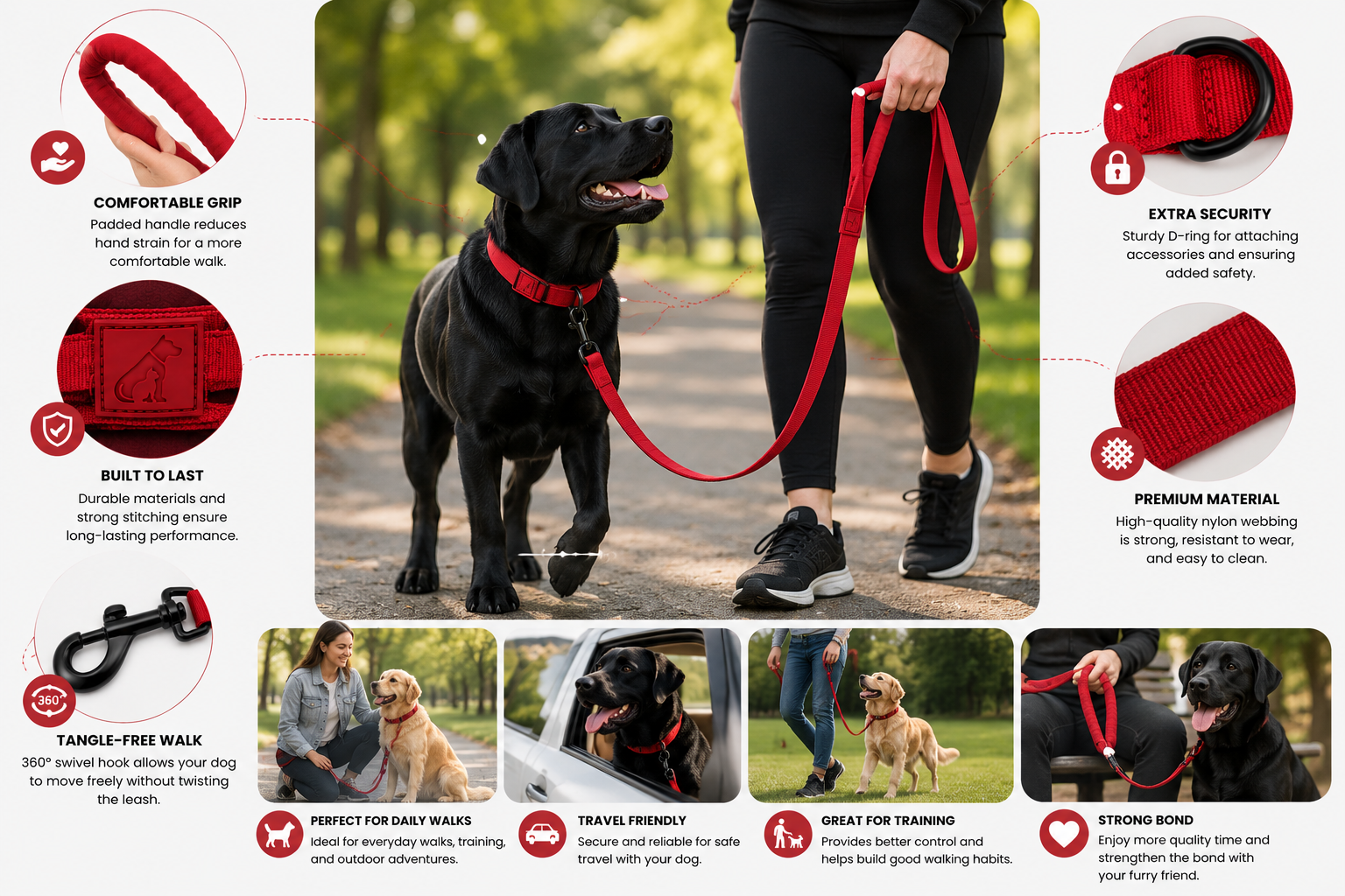 Heavy-Duty Dog Collar and Leash Set, Adjustable Nylon with Shock-Absorbing Leash