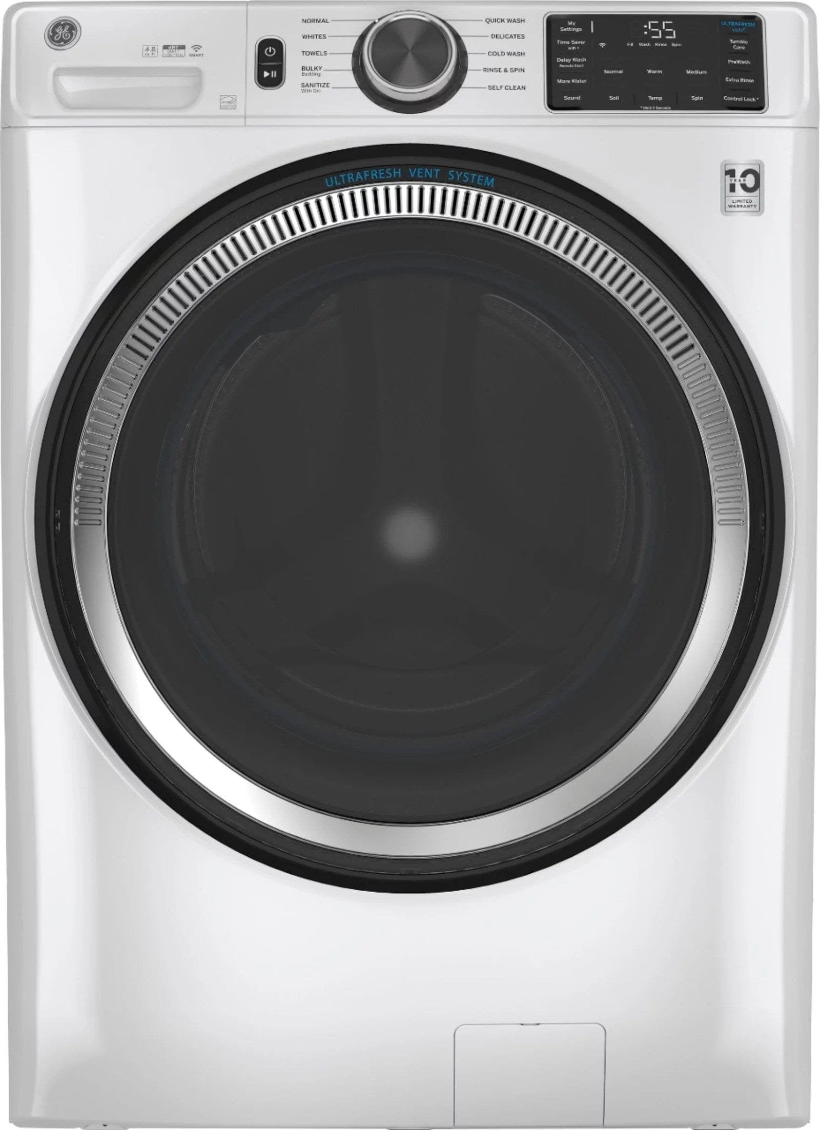 GE – 4.8 CuFt High-Efficiency Stackable Smart Front Load Washer w/UltraFresh Vent System & Microban Antimicrobial Technology – White on white image 5