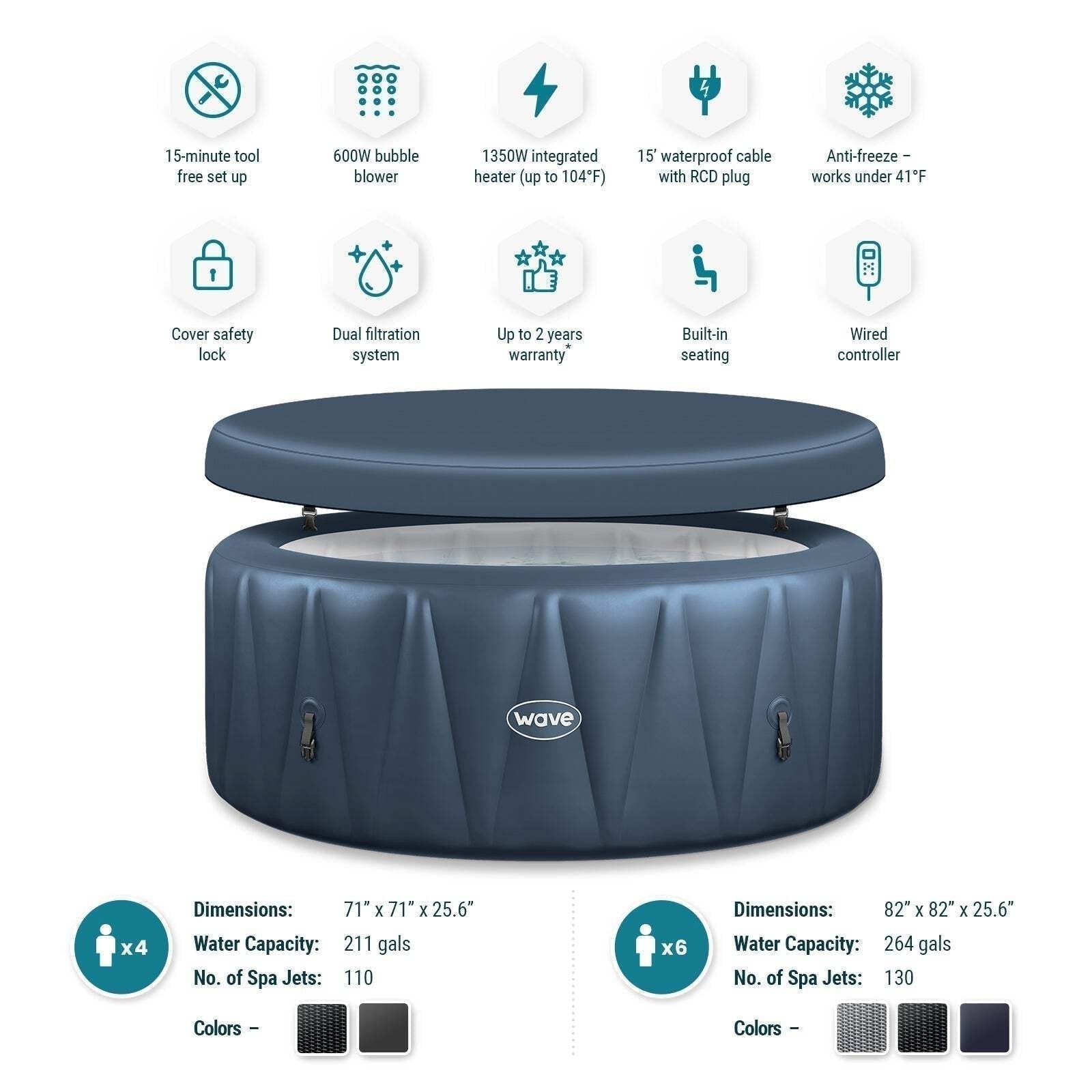 Wave Atlantic 6 Person Round Inflatable Hot Tub, Navy image 8