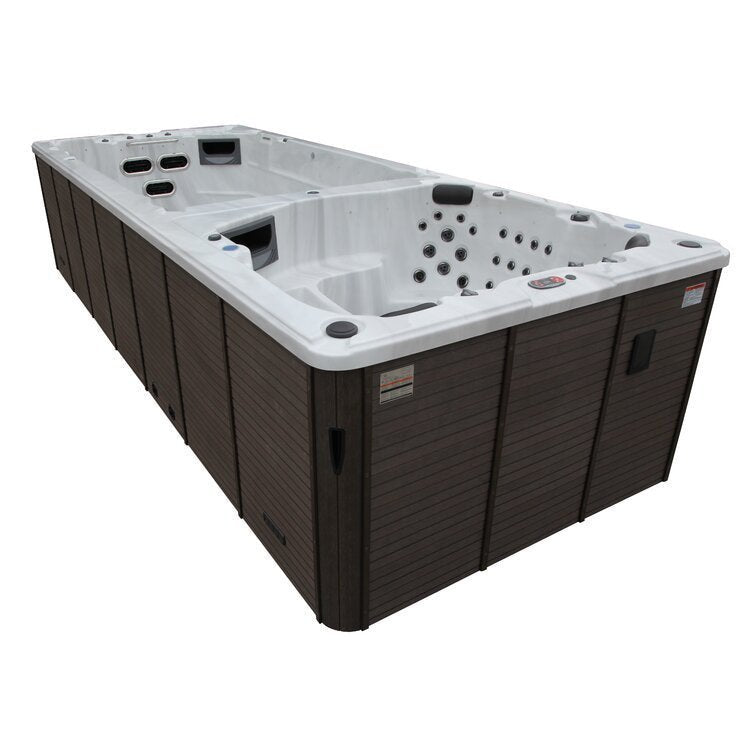 Canadian Spa Co 17 – Person 73 – Jet Acrylic Rectangular Hot Tub with Ozonator and Built-In Speaker in Sterling Silver, Walnut image 0